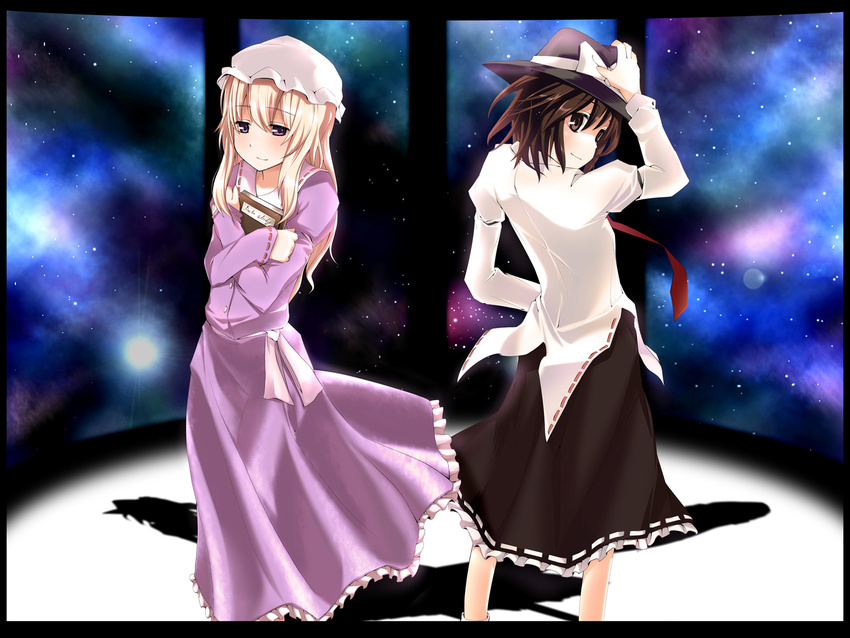 asskiler bad_id bad_pixiv_id blonde_hair book brown_eyes brown_hair hat hat_ribbon highres maribel_hearn multiple_girls necktie purple_eyes ribbon skirt touhou usami_renko