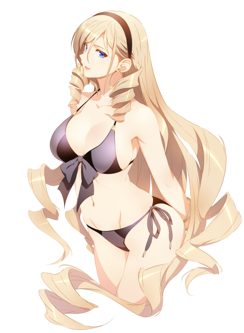 1girl absurdly_long_hair arms_behind_back bikini black_bikini black_hairband blonde_hair blue_eyes bow breasts celia_kumani_entory cleavage collarbone cropped_legs drill_hair eyebrows_visible_through_hair floating_hair grey_bow grey_ribbon groin hair_between_eyes hairband highres huge_breasts k-kun long_hair navel shiny shiny_hair side-tie_bikini sideboob simple_background solo standing swimsuit twin_drills very_long_hair walkure_romanze white_background