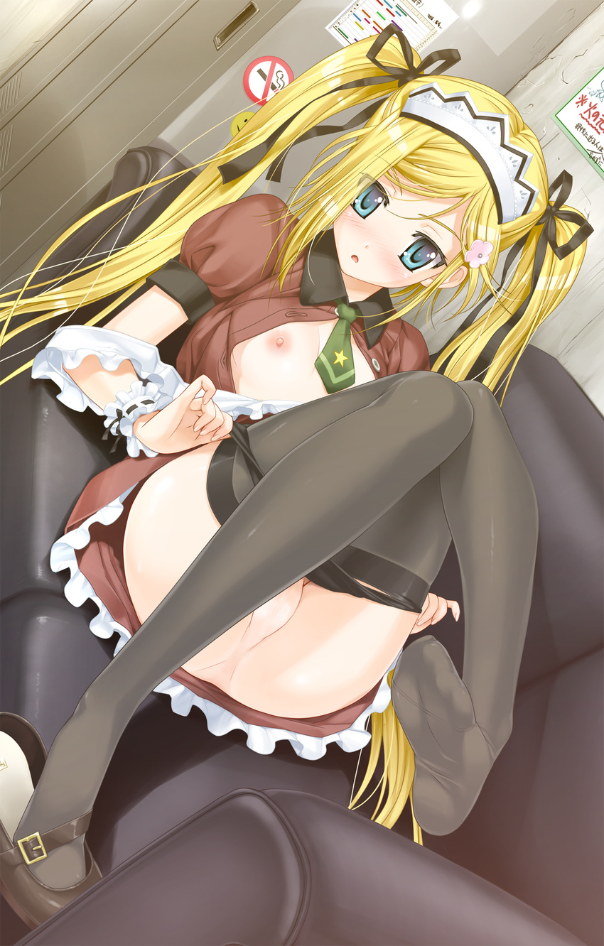 black_panties blonde_hair blush feet flat_chest hair_ribbon happoubi_jin highres kanojo_x_kanojo_x_kanojo legs locker long_hair long_legs maid_headdress mary_janes no_pussy open_clothes open_shirt orifushi_mafuyu panties panty_pull ribbon shirt shoe_dangle shoes single_shoe solo thighhighs twintails underwear undressing very_long_hair