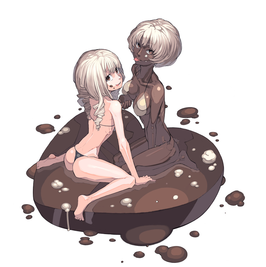 ass barefoot bikini breasts brown_eyes chocolate dark_skin drill_hair heart highres kurumayama long_hair medium_breasts multiple_girls original ribs short_hair small_breasts swimsuit thong_bikini tongue twin_drills twintails white_hair