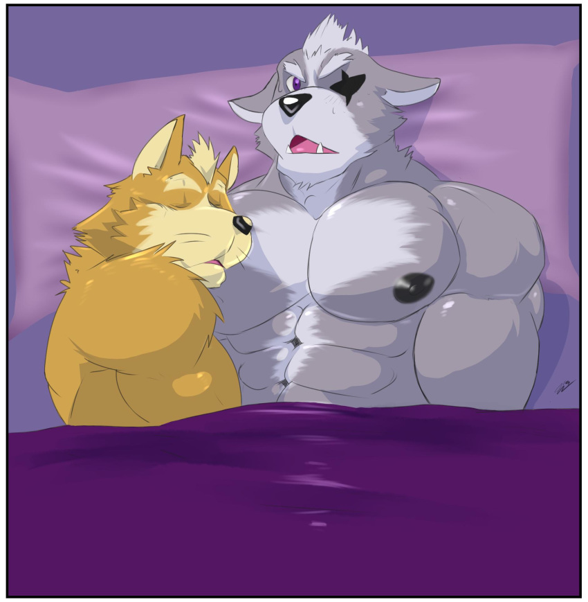 2019 after_sex bed bedroom canid canine canis cursedmarked duo eye_patch eyewear fox fox_mccloud male male/male mammal muscular muscular_male nintendo nude open_mouth star_fox sweat video_games wolf wolf_o'donnell