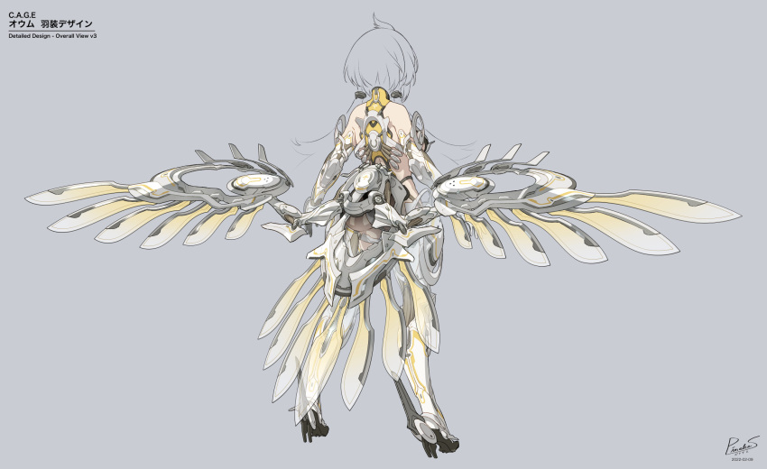1girl arms_at_sides commentary_request elbow_gloves from_behind full_body gloves grey_background high_heels highres leotard low_wings mecha_musume mechanical_wings original pinakes signature solo standing thighhighs wings