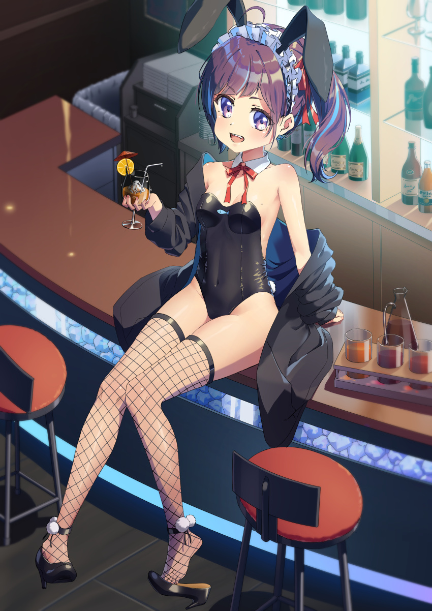 1girl absurdres ahoge animal_ears bar_(place) bar_stool black_jacket breasts commentary_request counter detached_collar drink fake_animal_ears fengmo_ao fishnet_thighhighs fishnets full_body hanayori_jyoshiryou highres jacket kohigashi_hitona looking_at_viewer maid_headdress open_clothes open_jacket open_mouth playboy_bunny purple_eyes purple_hair rabbit_ears rabbit_tail red_ribbon ribbon shoe_dangle small_breasts solo stool tail thighhighs virtual_youtuber