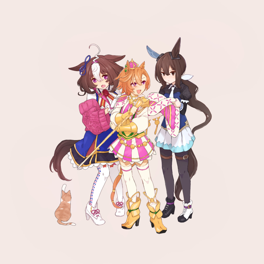 3girls admire_vega_(umamusume) ahoge armor asymmetrical_footwear black_pantyhose black_shirt blue_jacket boots brown_hair cane cape cat crown dressing_another full_body hairband high_heel_boots high_heels highres holding holding_cane holding_cape holding_clothes jacket long_hair long_sleeves looking_at_another low_ponytail mini_crown multicolored_hair multiple_girls nanaheibei_3 narita_top_road_(umamusume) necktie open_mouth orange_hair pantyhose purple_eyes shirt short_hair shoulder_armor simple_background skirt smile standing t.m._opera_o_(umamusume) thigh_strap thighhighs two-tone_hair umamusume white_necktie white_pantyhose white_shirt white_skirt white_thighhighs