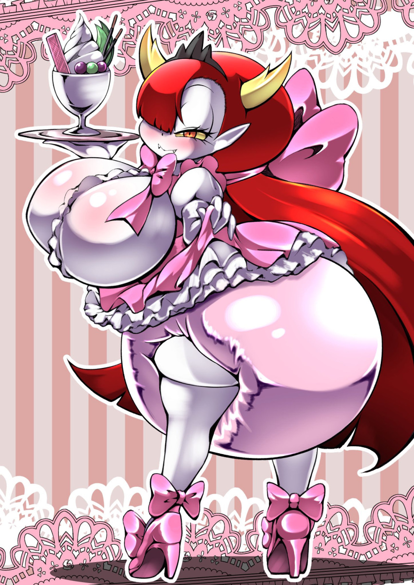 big_breasts big_butt black_tiara blush bottomwear breasts butt clothed clothing clothing_lift cocco dessert diaper disney doily eyelashes fangs female food footwear hekapoo hi_res high_heels horn horned_humanoid humanoid humanoid_pointy_ears ice_cream lidded_eyes not_furry orange_eyes pale_skin pattern_background pumps simple_background skirt skirt_lift smile solo star_vs._the_forces_of_evil striped_background teeth yellow_sclera