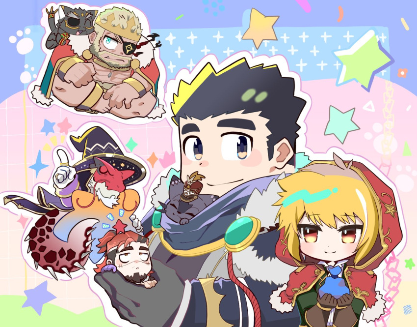 1girl 6+boys alternate_costume androgynous animal animal_ears animal_in_clothes arc_(housamo) arm_up balor_(housamo) beard black_fur black_gloves black_hair blonde_hair blue_eyes blush boogeyman_(housamo) brown_eyes brown_hair cait_sith_(housamo) cape cat_boy cat_ears chibi closed_eyes colorful creature crown cuffs dog_tags dragon_boy dragon_tail eyepatch facial_hair flaming_eye fur-trimmed_cape fur_trim furry furry_male gloves goatee hat high_ponytail itzamna_(housamo) jacket jewelry katou_(katocut0) long_sleeves looking_at_another male_focus master_3_(housamo) multicolored_background multicolored_hair multiple_boys official_alternate_costume ring scar scar_on_face scarf shako_cap short_hair smile star_(symbol) tail tezcatlipoca_(housamo) tokyo_afterschool_summoners tusks two-tone_hair wings witch_hat