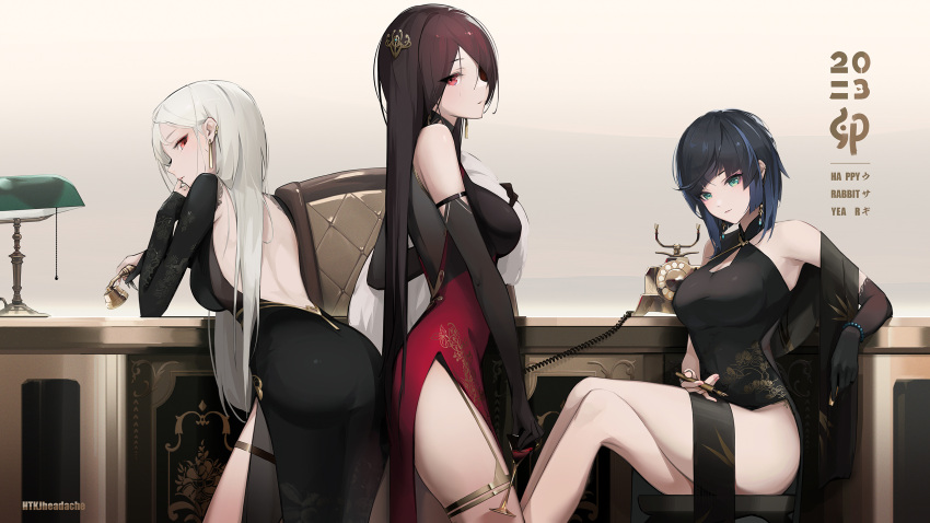 2023 3girls alcohol alternate_costume aqua_eyes ass back backless_dress backless_outfit bare_legs bare_shoulders beidou_(genshin_impact) black_dress black_gloves black_hair blue_hair bracelet breasts chair chinese_zodiac cleavage cleavage_cutout closed_mouth clothing_cutout corded_phone crossed_legs cup desk_lamp dress drinking_glass earrings elbow_gloves genshin_impact gloves heitian_keji highres holding holding_cup jewelry lamp large_breasts leaning_forward long_hair long_sleeves looking_at_viewer looking_back multicolored_hair multiple_girls ningguang_(genshin_impact) phone red_dress red_eyes short_hair simple_background sitting standing streaked_hair thigh_strap thighlet two-tone_hair very_long_hair white_background white_hair wine wine_glass year_of_the_rabbit yelan_(genshin_impact)