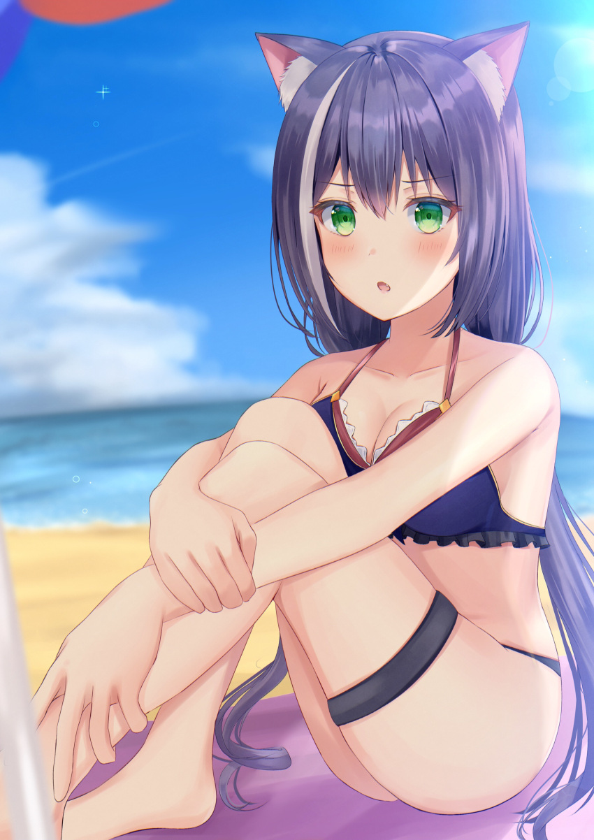 1girl :o absurdres animal_ear_fluff animal_ears backlighting bangs beach bikini black_bikini black_hair blue_sky blush breasts breasts_squeezed_together cat_ears cat_girl cleavage cloud collarbone commentary fang frilled_bikini frills frown green_eyes hair_between_eyes highres hugging_own_legs karyl_(princess_connect!) knees_up large_breasts leg_hold legs lens_flare light_particles long_hair looking_at_viewer low_twintails ocean princess_connect! sidelocks sky swimsuit thigh_strap thighs twintails umineco_1 v-shaped_eyebrows very_long_hair