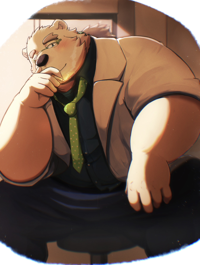 2023 anthro bear blush bottomwear clothing eyewear glasses hi_res kemono leib_(tas) lifewonders male mammal metaporin necktie overweight overweight_male pants polar_bear shirt sitting smoking solo tokyo_afterschool_summoners topwear ursine