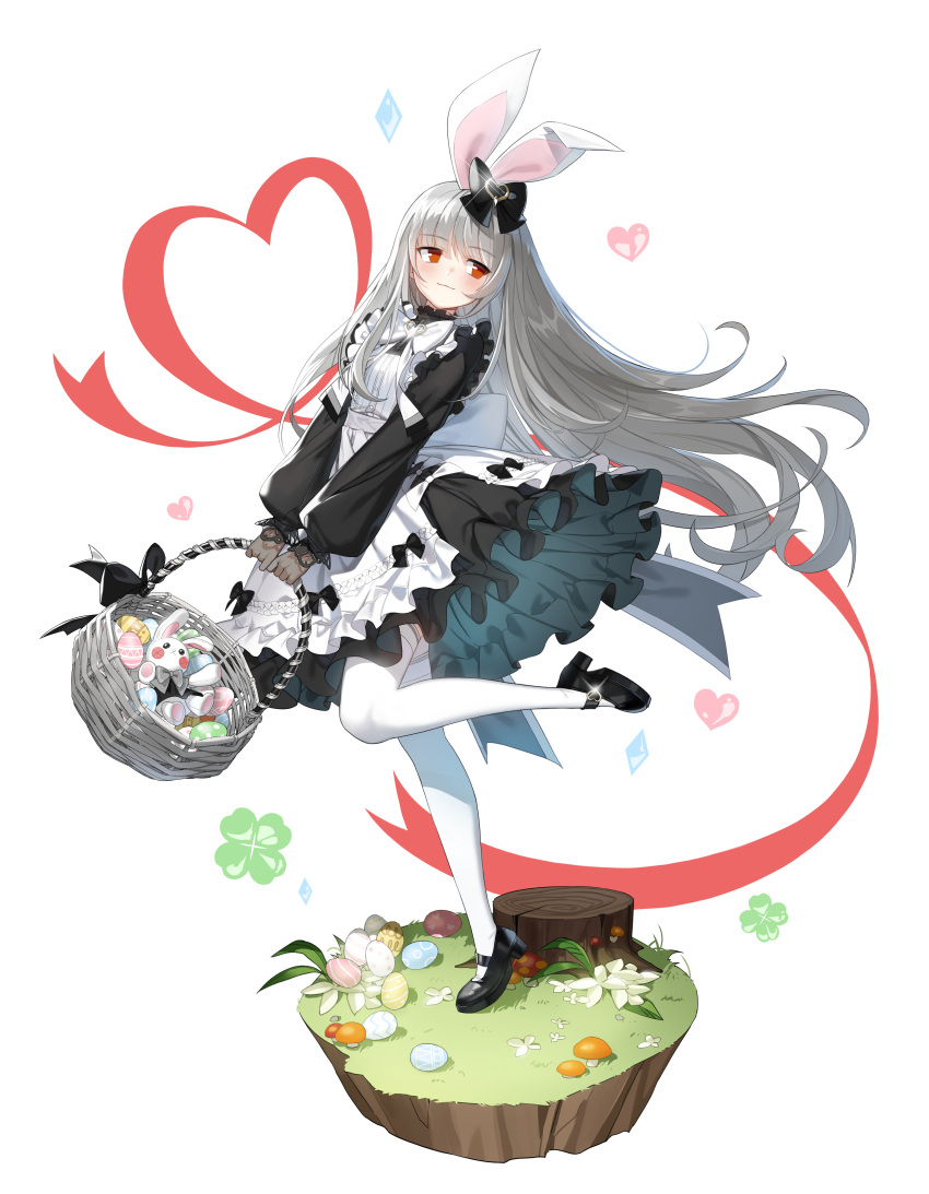 1girl :3 absurdres animal_ears apron back_bow basket black_bow black_dress black_footwear bow closers clover crystal dress easter_egg egg fake_animal_ears flower foot_up four-leaf_clover frilled_apron frilled_dress frills from_side full_body gloves grey_gloves grey_hair hair_bow heart highres holding holding_basket long_hair long_sleeves looking_to_the_side mary_janes mushroom official_art on_grass puffy_long_sleeves puffy_sleeves rabbit_ears red_eyes red_ribbon ribbon shoes short_dress solo standing standing_on_one_leg stuffed_animal stuffed_bunny stuffed_toy tachi-e thighhighs tina_(closers) tree_stump very_long_hair white_apron white_background white_bow white_flower white_thighhighs