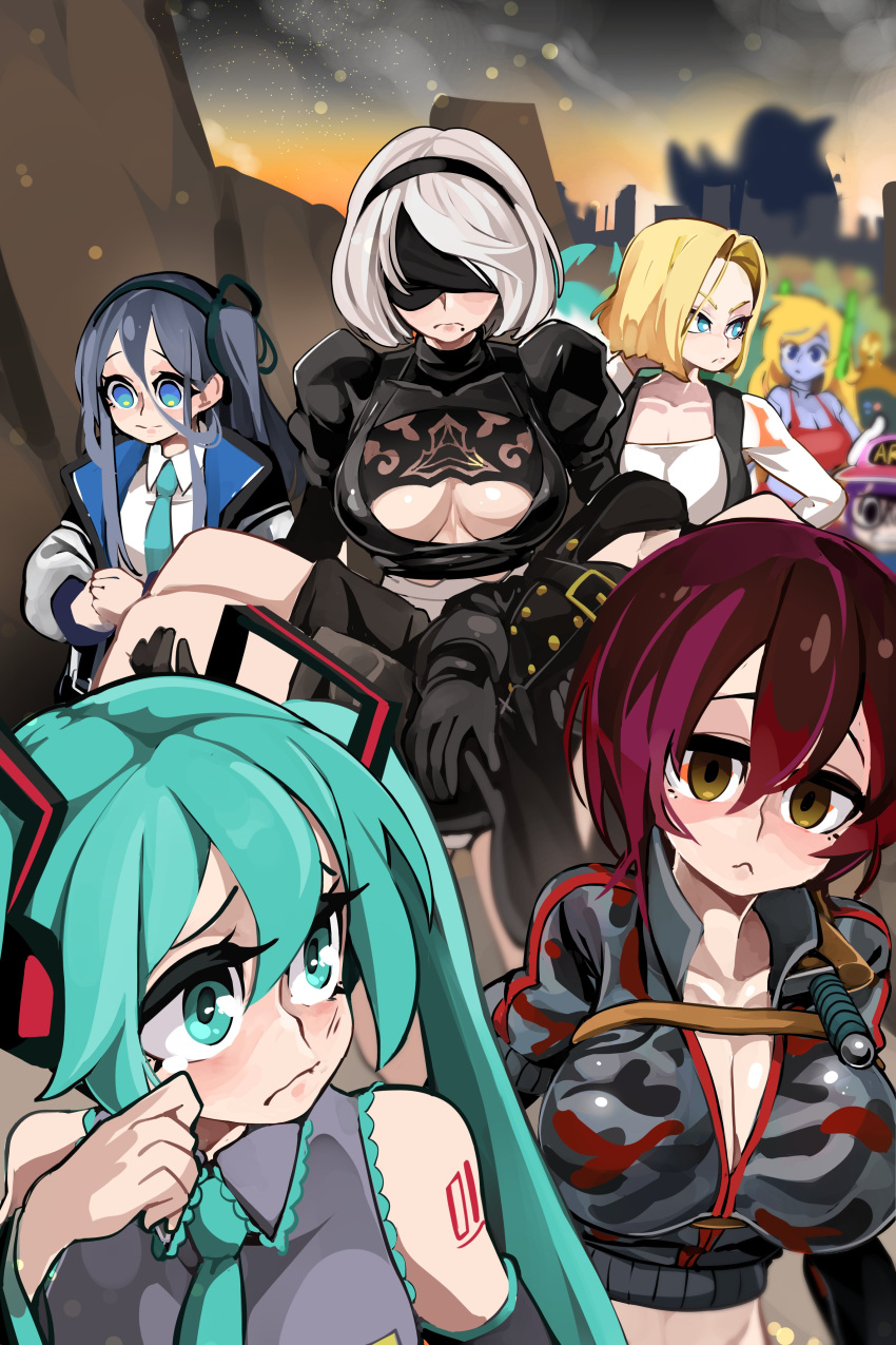 6+girls :&lt; absurdres android_18 aqua_eyes aqua_hair bare_shoulders baseball_cap black_blindfold black_gloves black_hairband blindfold blonde_hair blue_eyes bongfill breasts character_request cleavage_cutout closed_mouth clothing_cutout copyright_request crossover dr._slump dragon_ball empty_eyes glasses gloves hairband hat hatsune_miku highres jacket juliet_sleeves large_breasts long_hair long_sleeves mole mole_under_mouth multiple_crossover multiple_girls necktie nier:automata nier_(series) norimaki_arale puffy_sleeves shirt short_hair tearing_up trait_connection twintails vocaloid white_hair white_shirt yorha_no._2_type_b