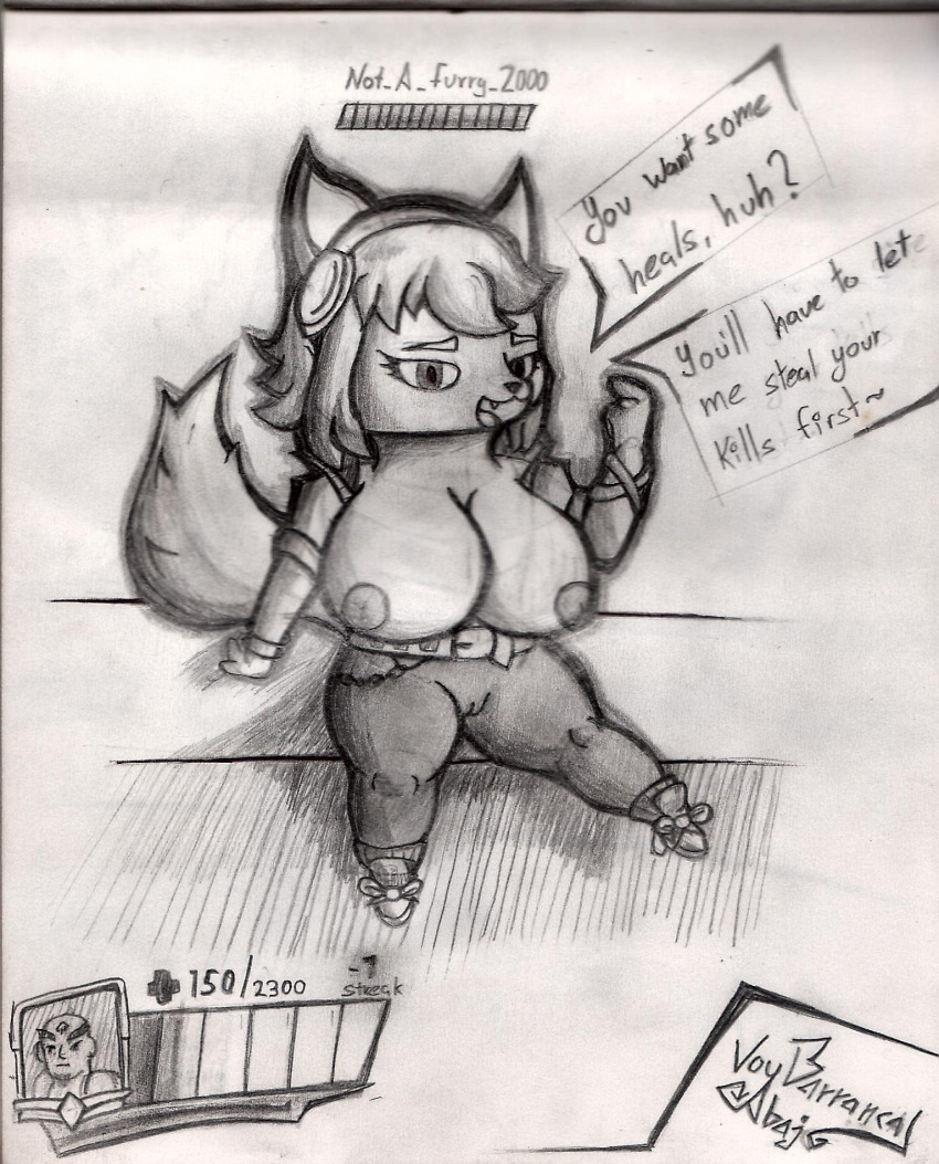 anthro areola big_breasts black_and_white bottomwear breasts camel_toe canid canine clothed clothing dialogue english_text female fluffy fluffy_tail fox genitals graphite_(artwork) greyscale headgear headphones hi_res hud looking_at_viewer mammal monochrome nipples paladins pants pencil_(artwork) salt_(paladins) simple_background sitting smile solo speech_bubble tail text tight_clothing topless traditional_media_(artwork) voy_barranca_abajo