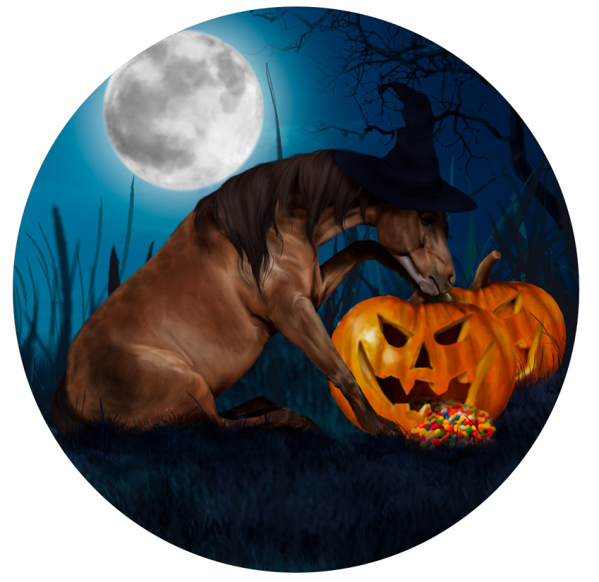 2021 alpha_channel amber18db ambiguous_gender anatomically_correct brown_body brown_hair brown_mane brown_tail candy clothing dessert detailed_background digital_media_(artwork) dolero equid equine feral food full_moon hair halloween hat headgear headwear holidays hooves horse jack-o'-lantern mammal mane moon plant sitting solo tail tree witch_hat