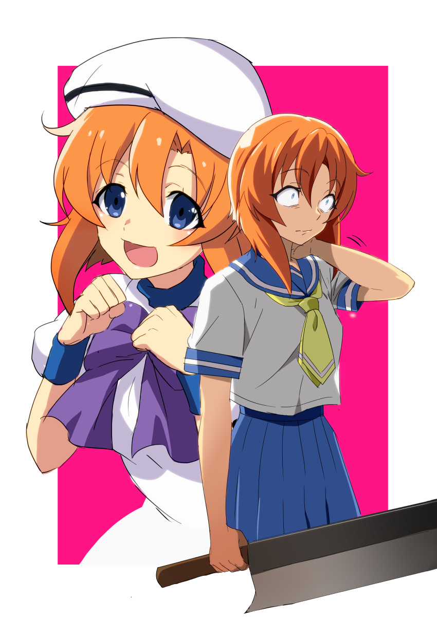 1girl absurdres blue_eyes blue_skirt bow bowtie cleaver hand_on_own_neck highres higurashi_no_naku_koro_ni holding holding_weapon igusaharu looking_at_viewer multiple_views open_mouth orange_hair pink_background pleated_skirt purple_bow purple_bowtie ryuuguu_rena school_uniform serafuku short_sleeves simple_background skirt standing weapon wristband