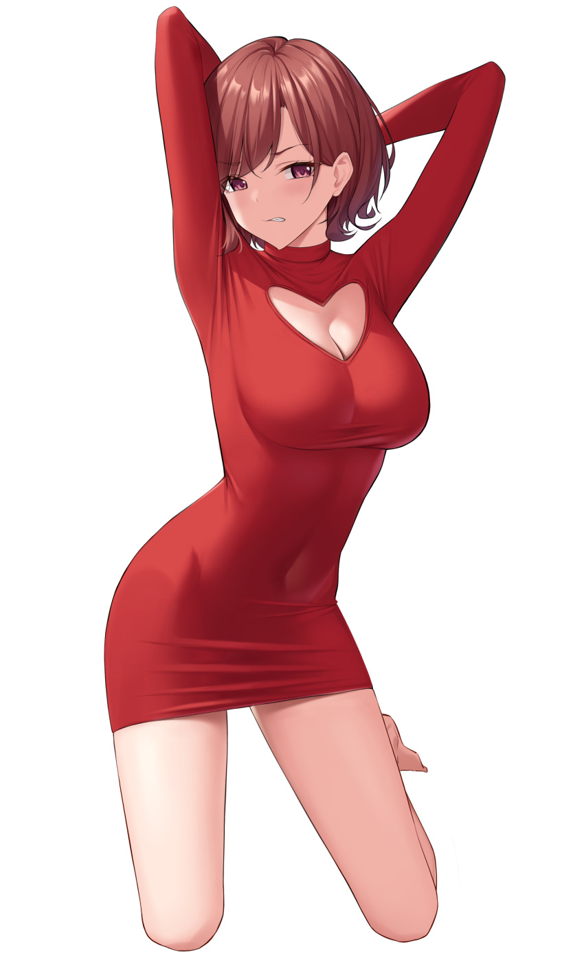 1girl absurdres arms_behind_head arms_up bangs bare_legs barefoot breasts brown_hair cleavage cleavage_cutout clenched_teeth clothing_cutout covered_navel dress eyes_visible_through_hair frown full_body heart_cutout highres higuchi_madoka idolmaster idolmaster_shiny_colors impossible_clothes impossible_dress kneeling laan_(0110) light_blush long_sleeves looking_at_viewer medium_breasts mole mole_under_eye purple_eyes red_dress scowl short_dress short_hair simple_background skin_tight solo swept_bangs teeth tight tight_dress white_background