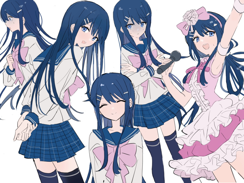 1girl :d bangs blue_eyes blue_hair bow closed_eyes collarbone cropped_torso danganronpa:_trigger_happy_havoc danganronpa_(series) dress facing_viewer frills frown hair_bow hair_ornament hairclip highres long_hair long_sleeves looking_at_viewer maizono_sayaka miniskirt namiharuru official_alternate_costume open_mouth own_hands_together pink_bow pink_dress plaid plaid_skirt pleated_skirt school_uniform shirt skirt smile sweat teeth thighhighs upper_teeth_only