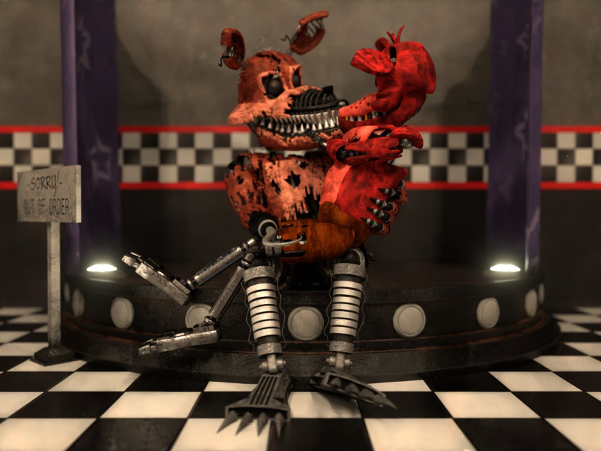 3d_(artwork) 4:3 animal_humanoid animatronic anonymous_artist anthro canid canid_humanoid canine canine_humanoid digital_media_(artwork) duo eyes_closed five_nights_at_freddy's five_nights_at_freddy's_4 fox fox_humanoid foxy_(fnaf) hand_on_back hand_on_leg hand_on_mouth hand_on_muzzle hand_on_thigh hook humanoid kiss_on_lips kissing machine male male/male mammal mammal_humanoid nightmare_foxy_(fnaf) on_lap robot robot_humanoid scottgames sitting_on_another sitting_on_lap sitting_on_leg sitting_on_partner unknown_artist