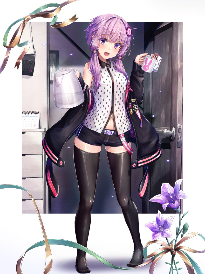 1girl absurdres black_jacket black_shorts black_thighhighs blush calendar_(object) coffee_mug cup door flower full_body hair_ornament highres holding holding_cup jacket long_sleeves looking_at_viewer lukky_clover mug navel open_clothes open_jacket open_mouth picture_(object) purple_belt purple_eyes purple_flower purple_hair short_hair_with_long_locks short_shorts shorts sidelocks smile solo standing thighhighs voiceroid yuzuki_yukari