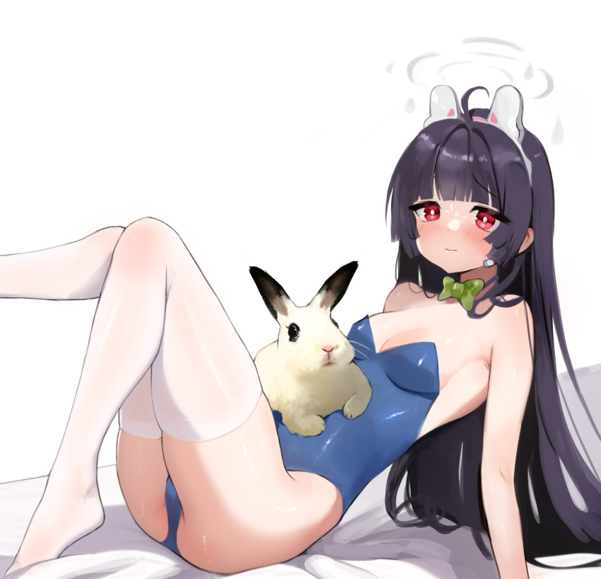 1girl absurdres animal_on_stomach arm_support ass bangs bare_shoulders black_hair blue_archive blue_leotard blunt_bangs blush bow bowtie breasts green_bow green_bowtie hairband halo highres leaning_back leg_up leotard long_hair looking_at_viewer medium_breasts miyu_(blue_archive) rabbit red_eyes solo somsomyeo strapless strapless_leotard sweat thighhighs very_long_hair white_hairband white_thighhighs