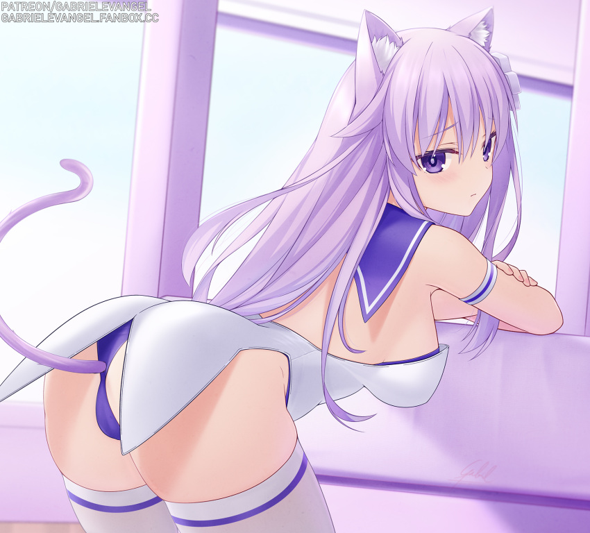 1girl animal_ears breasts cat_ears cat_tail gabriel_evangel hair_ornament highres long_hair looking_at_viewer medium_breasts nepgear neptune_(series) panties purple_eyes purple_hair purple_panties skindentation solo tail thighhighs underwear white_thighhighs