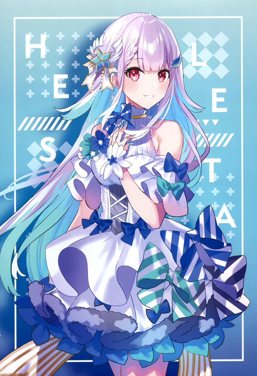 1girl absurdres bangs blue_bow blue_hair bow braid dress flower hair_ornament highres lize_helesta long_hair looking_at_viewer multicolored_hair nijisanji open_mouth purple_eyes saine scan sleeveless smile solo striped striped_bow very_long_hair virtual_youtuber white_hair