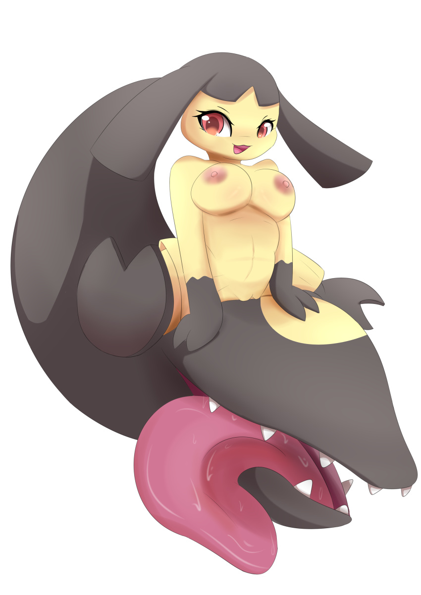 2023 absurd_res anthro breasts digital_media_(artwork) female generation_3_pokemon genitals hi_res looking_at_viewer mammal mawile nintendo nipples nude open_mouth pilu_(artist) pokemon pokemon_(species) pussy simple_background sitting solo tongue tongue_out