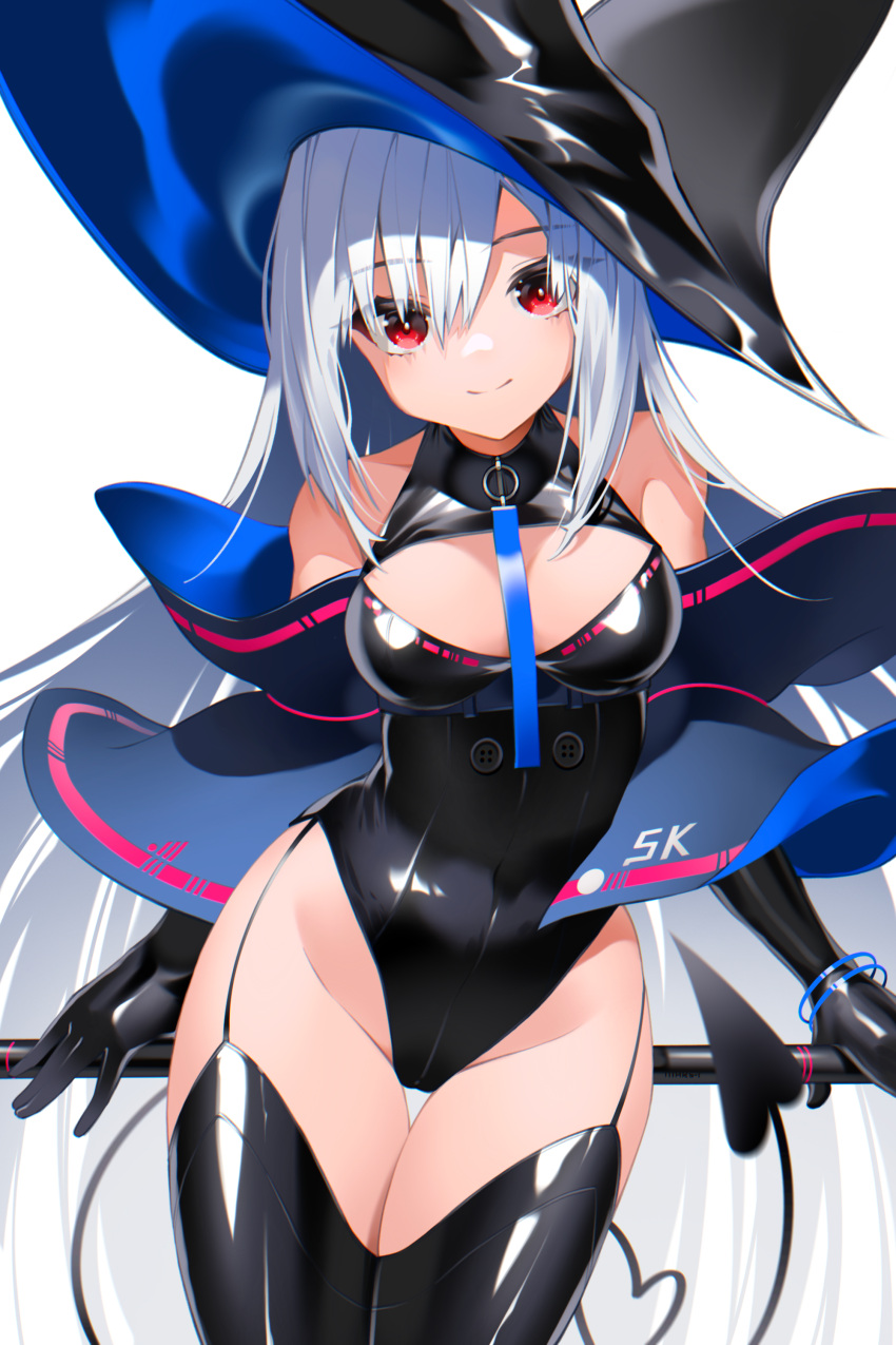 1girl absurdres adapted_costume arknights bangs bare_shoulders black_gloves black_headwear black_leotard black_thighhighs blush bracelet breasts cleavage cleavage_cutout closed_mouth clothing_cutout covered_navel cowboy_shot demon_tail detached_sleeves elbow_gloves gloves grey_hair groin hat highres jewelry leotard long_hair long_sleeves looking_at_viewer medium_breasts red_eyes skadi_(arknights) smile solo tail thigh_gap thigh_strap thighhighs very_long_hair zhengqi_zhizi_sg