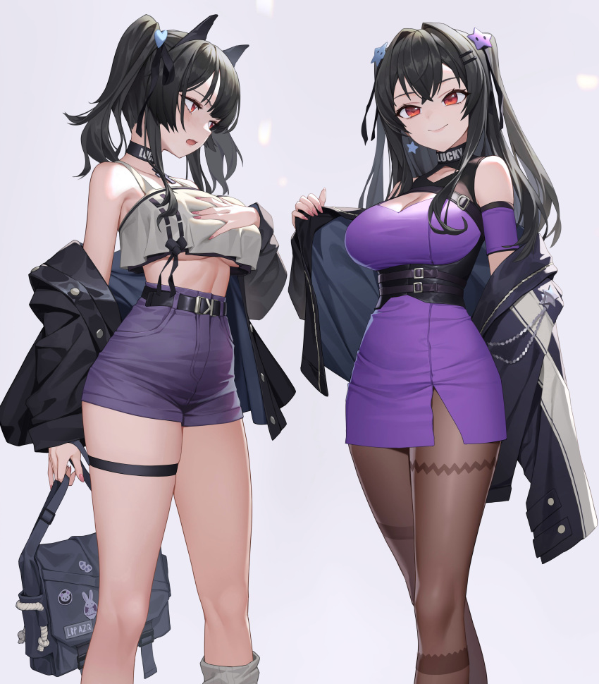 2girls absurdres animal_ears bag bangs bare_shoulders belt black_bag black_belt black_hair black_jacket black_pantyhose breast_envy breasts chest_strap cleavage closed_mouth crop_top crossed_bangs dress fake_animal_ears fingernails grey_background hair_intakes hair_ornament hairclip hand_on_own_chest high-waist_shorts highres holding holding_bag jacket large_breasts legs long_fingernails long_hair looking_at_another looking_at_viewer medium_breasts midriff multiple_girls off_shoulder open_clothes open_jacket open_mouth original pantyhose pencil_dress pink_nails purple_dress purple_shorts red_eyes short_dress short_shorts shorts simple_background sleeveless smile socks star_(symbol) star_hair_ornament tank_top text_print thigh_strap thighs turtleneck twintails two_side_up underboob underbust white_socks white_tank_top xzu