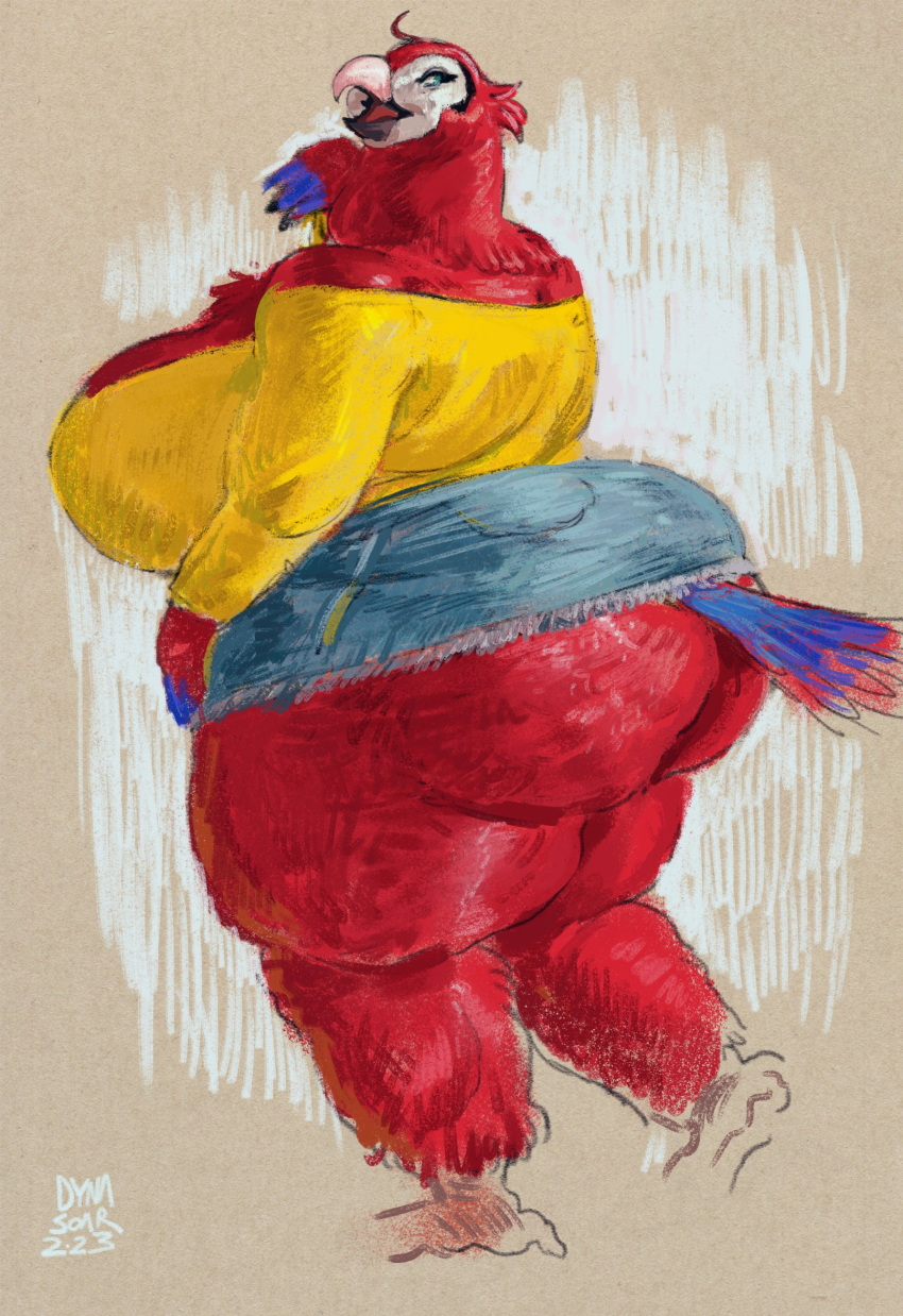 2023 anthro avian beak big_breasts big_butt bird blue_body blue_eyes blue_feathers bottomwear breasts butt clothed clothing denim denim_clothing dyna_soar feathers female hi_res huge_breasts huge_butt katie_(sssonic2) looking_back multicolored_body multicolored_feathers off_shoulder open_beak open_mouth parrot red_body red_feathers shirt signature skirt solo standing thick_thighs topwear white_body white_feathers