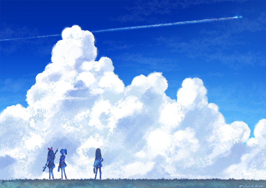 3girls aikatsu! aikatsu!_(series) bag blue_sky bow_hairband cloud contrail grass hairband holding holding_bag hoshimiya_ichigo kiriya_aoi long_hair multiple_girls scenery shibuki_ran shirt short_hair side_ponytail signature skirt sky standing summer to_(pixiv10683420)