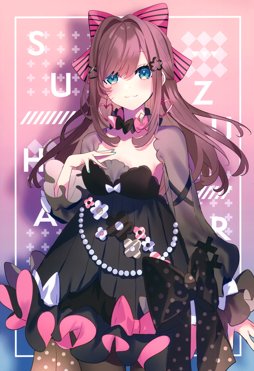 1girl absurdres black_dress blue_eyes blue_nails bow brown_hair closed_mouth dress earrings hair_bow hair_intakes hair_ornament hand_on_own_chest heart heart_earrings highres jewelry long_sleeves looking_at_viewer nijisanji pink_background saine scan smile solo suzuhara_lulu virtual_youtuber x_hair_ornament