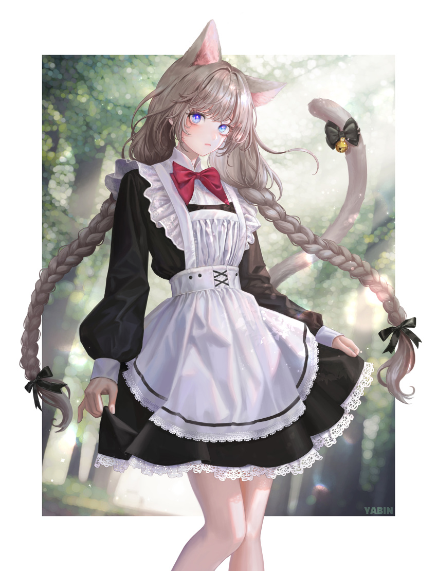 1girl absurdres animal_ears apron artist_name bangs bell blue_eyes blurry blurry_background border bow bowtie braid cat_ears cat_girl cat_tail colored_eyelashes expressionless extra_ears frills hair_bow highres korean_commentary long_hair long_sleeves looking_at_viewer maid maid_apron maid_headdress original outside_border puffy_sleeves red_bow red_bowtie skirt_hold solo tail tail_bell tail_bow tail_ornament twin_braids white_border yabin