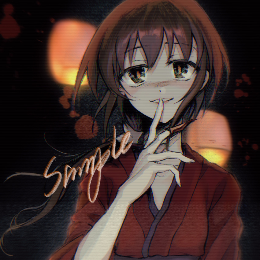 1girl absurdres arm_at_side black_background blood bright_pupils brown_eyes brown_hair chinese_commentary chunqing_jisandi commentary_request finger_to_mouth hand_to_own_mouth hand_up highres japanese_clothes kimono kurame kusari_hime:_euthanasia long_hair looking_at_viewer low_ponytail obi orange_pupils parted_lips red_kimono sample_watermark sash slit_pupils smile solo straight-on upper_body vhs_artifacts