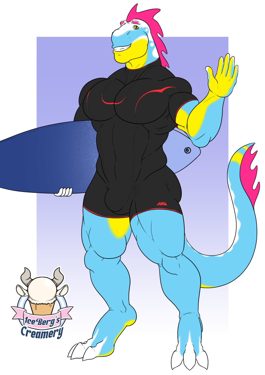 1ceberg absurd_res anthro blue_body bulge clothed clothing eel fish hi_res male marine muscular muscular_male pecs solo standing surfboard swimwear tight_clothing