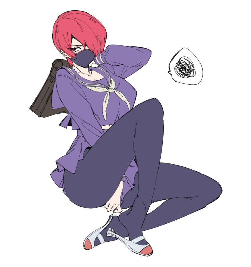 apollo_(pixiv884782) bag genderswap genderswap_(mtf) hair_over_one_eye highres mask mouth_mask pantyhose red_hair school_uniform short_hair the_king_of_fighters yagami_iori