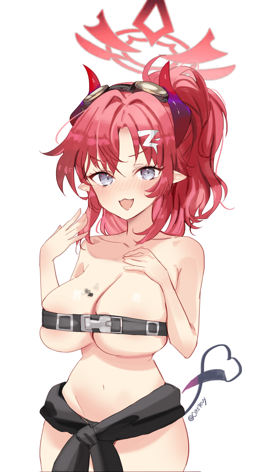 1girl :3 absurdres ash_(cat7evy) bare_arms bare_shoulders belt blue_archive blush breasts cleavage clothes_around_waist cowboy_shot fang goggles goggles_on_head grey_eyes groin halo highres horns large_breasts long_hair looking_at_viewer megu_(blue_archive) navel nose_blush open_mouth pointy_ears ponytail red_eyes red_hair sidelocks snap-fit_buckle solo tail twitter_username