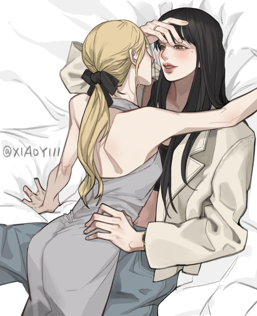 2girls absurdres black_hair blackpink blonde_hair blush commentary_request dress grey_dress hand_on_another's_waist highres jewelry k-pop lisa_(blackpink) long_hair mole mole_under_eye morethanicansa5 multiple_girls parted_lips ponytail ring rose_(blackpink) teeth upper_teeth_only yuri
