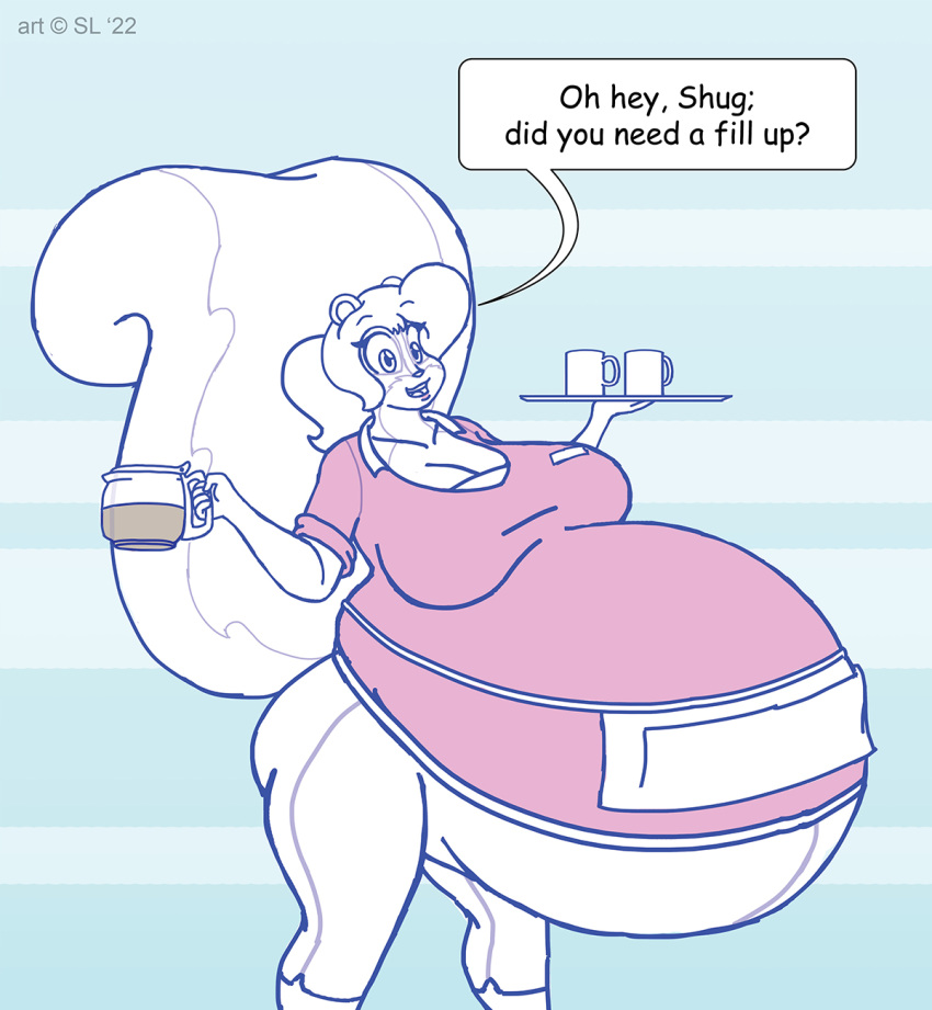 2022 anthro belly beverage big_belly big_breasts bottomwear breasts clothed clothing coffee coffee_pot digital_media_(artwork) english_text female hi_res mammal mephitid mug open_mouth pants pregnant satsumalord sketch skunk solo speech_bubble stacy_(satsumalord) text topwear tray waitress_uniform
