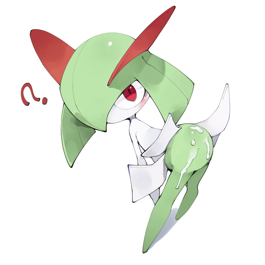 ambiguous_gender blush bodily_fluids butt cum cum_on_butt generation_3_pokemon genital_fluids green_body hi_res humanoid kirlia looking_at_viewer nintendo pokemon pokemon_(species) question_mark red_eyes simple_background solo white_background white_body youjomodoki