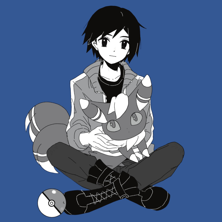 1boy bangs black_eyes black_footwear black_hair blue_background blue_theme boots calem_(pokemon) closed_mouth greyscale_with_colored_background highres holding holding_pokemon jacket looking_at_viewer male_focus meowstic meowstic_(male) on_lap pants poke_ball poke_ball_(basic) pokemon pokemon_(creature) pokemon_(game) pokemon_on_lap pokemon_xy shirt short_hair simple_background tyou08665851 zipper