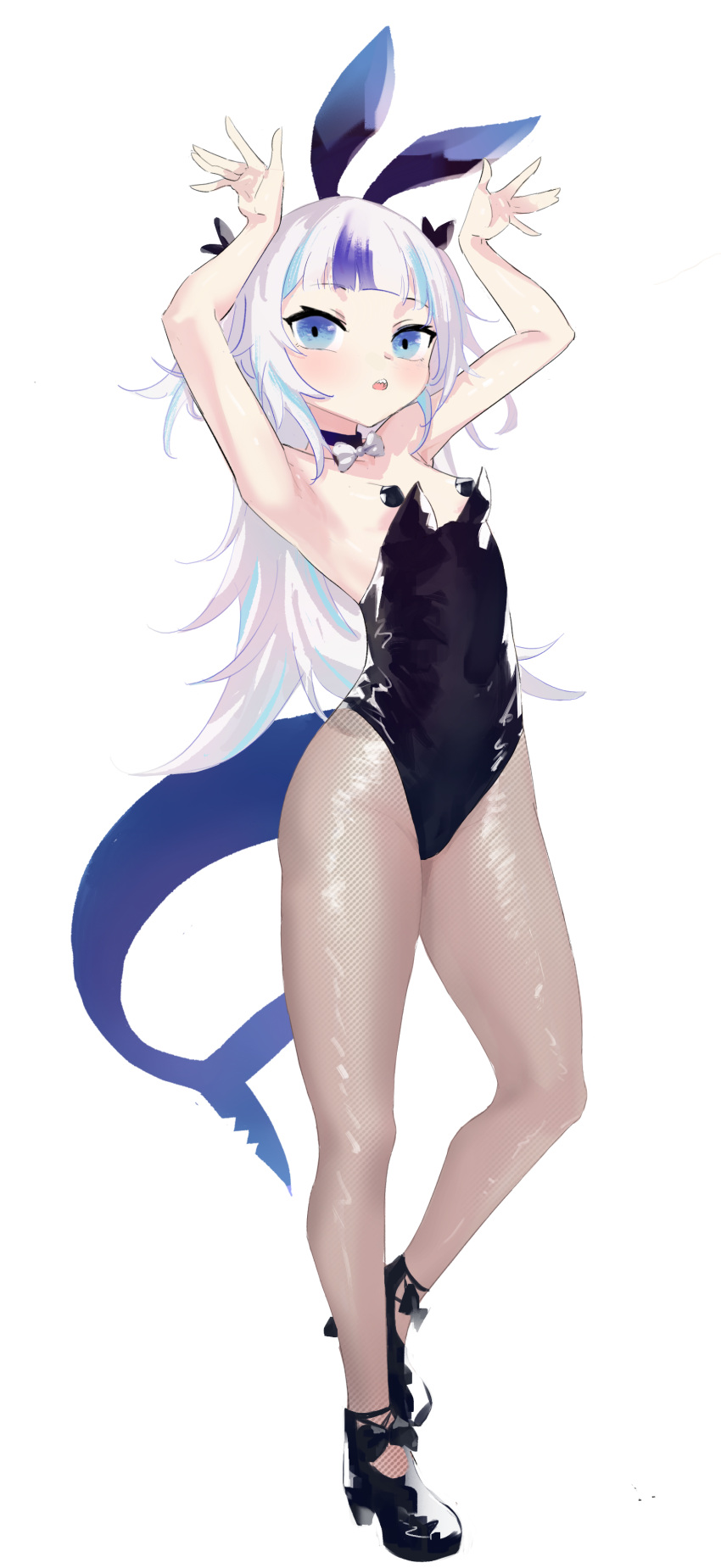 absurdres animal_ears armpits black_footwear black_pasties blue_eyes blue_hair bow bowtie breasts detached_collar fish_tail fishnet_pantyhose fishnets full_body gawr_gura high_heels highres hololive hololive_english kladd long_hair looking_at_viewer multicolored_hair open_mouth pantyhose pasties playboy_bunny rabbit_ears shark_tail simple_background small_breasts tail teeth virtual_youtuber white_background white_hair