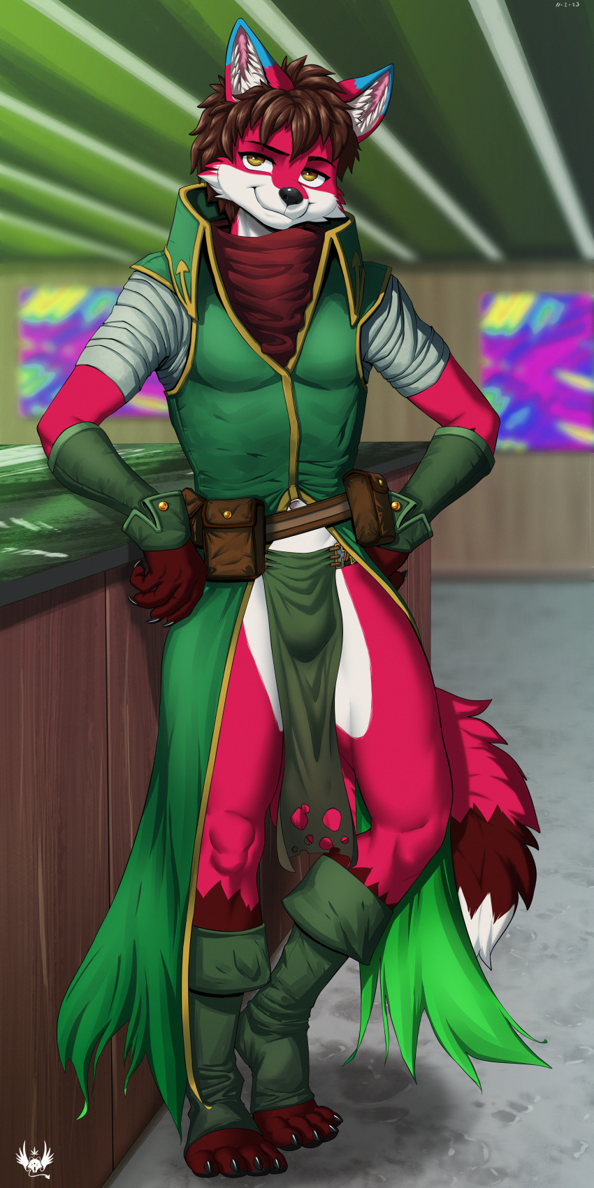 absurd_res anthro bar blue_ears canid canine eldiman fox green_outfit hi_res holly_(ortiz) human_hair male mammal red_fox smile solo tail yellow_eyes