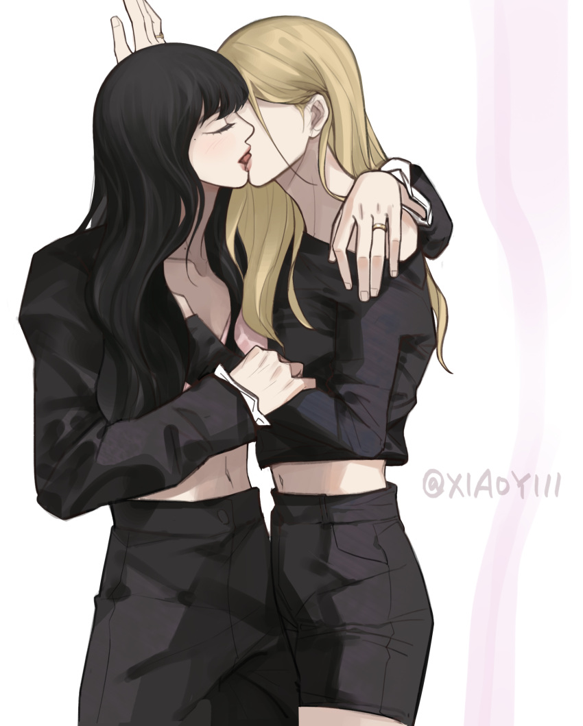 2girls arm_around_shoulder black_hair blackpink blonde_hair closed_eyes commentary_request french_kiss highres jewelry k-pop kiss lisa_(blackpink) midriff morethanicansa5 multiple_girls navel ring rose_(blackpink) tongue tongue_out twitter_username yuri