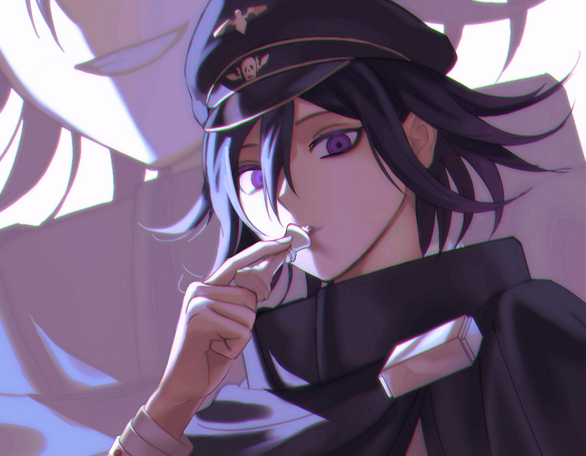 1boy bangs black_cape black_hair black_headwear cape chess_piece danganronpa_(series) danganronpa_v3:_killing_harmony grin hair_between_eyes hand_up hat highres holding holding_chess_piece kirara_(kiraronpa) long_sleeves male_focus medium_hair ouma_kokichi peaked_cap pink_eyes portrait smile teeth zoom_layer