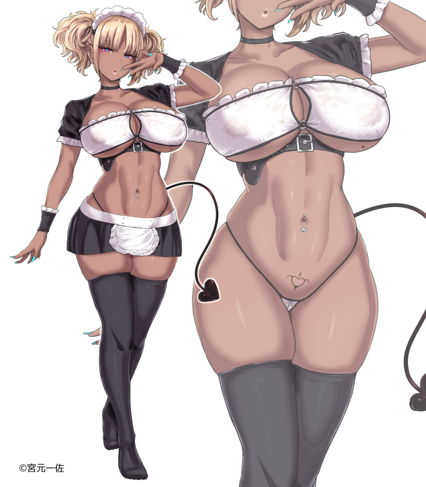 1girl bangs black_skirt black_thighhighs blonde_hair breasts cleavage collarbone commentary_request dark-skinned_female dark_skin demon_tail hand_up highres large_breasts looking_at_viewer maid_headdress miniskirt miyamoto_issa multiple_views navel navel_piercing original piercing pubic_tattoo short_sleeves skirt stomach tail tattoo thighhighs thighs twintails underboob white_background white_headwear