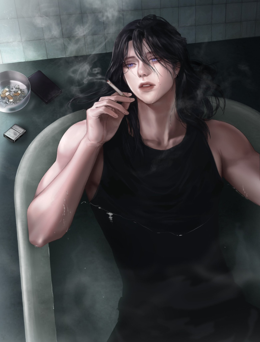 1boy ashtray bath bathroom bathtub biceps black_hair black_tank_top blueship4985 cigarette highres holding holding_cigarette korean_commentary lighter long_hair male_focus mole mole_on_cheek original parted_lips partially_submerged purple_eyes smoke smoking solo tank_top teeth wet wet_hair