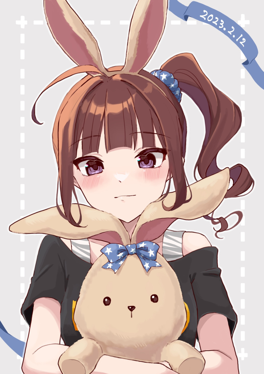 1girl ahoge animal_ears bangs blunt_bangs blush brown_hair dated doll_hug fake_animal_ears grey_background hair_ornament hair_scrunchie happy_birthday highres idolmaster idolmaster_million_live! light_smile looking_at_viewer meoism object_hug off-shoulder_shirt off_shoulder purple_eyes rabbit_ears scrunchie shirt side_ponytail simple_background solo stuffed_animal stuffed_bunny stuffed_toy upper_body wavy_hair yokoyama_nao