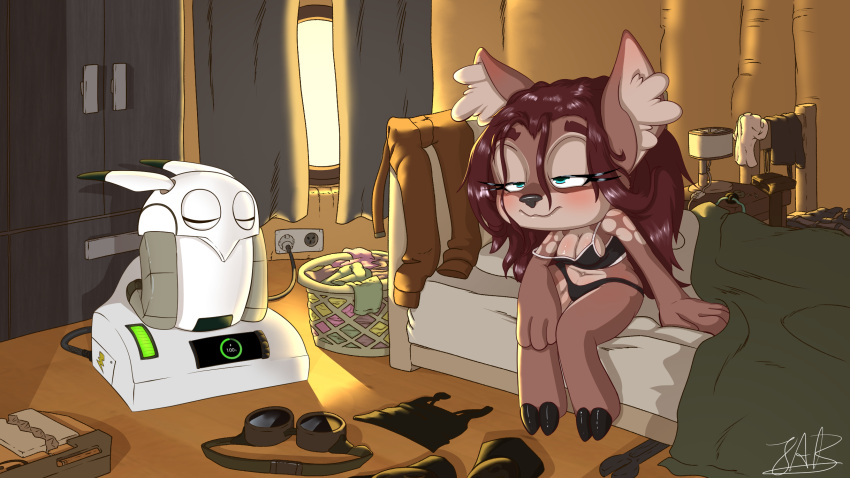 alan_(turkojar) anthro bedroom big_breasts black_clothing black_panties black_underwear breasts clothes_on_floor clothing deer dirty_clothes drone duo eyewear fantasy female fluffy_ears goggles hair hi_res hooves isa_sturmi machine mammal messy_hair messy_room morning mostly_nude pajamas panties red_hair robot science_fiction short_stack size_difference smaller_female thick_thighs tired tools toony turkojar underwear waking_up wide_hips wrench