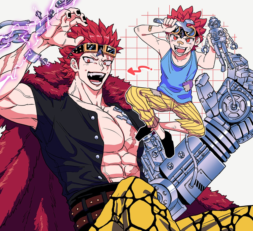 &gt;:) 2boys bandaid bandaid_on_face child coat coat_on_shoulders dual_persona eustass_captain_kid eyewear_on_head fur_coat hand_up hands_up highres holding holding_screwdriver holding_toy male_child male_focus mechanical_arms multiple_boys muscular one_piece open_clothes open_mouth open_shirt pectorals red_eyes red_hair robot scar scar_on_face screwdriver short_hair single_mechanical_arm sleeveless time_paradox toy v-shaped_eyebrows yakumo_(ykm)
