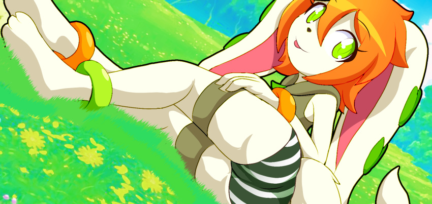 anthro barefoot buckhori butt feet female freedom_planet galaxytrail grass_field green_eyes hi_res milla_basset solo tongue tongue_out young
